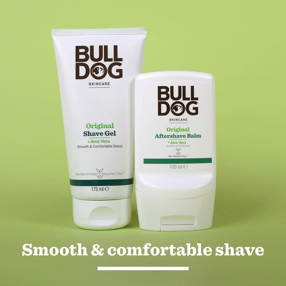 Two Bulldog Skincare products, Original Shave Gel and Original After Shave Balm with Aloe Vera and natural origin ingredients, are shown on a green background. The text below says: Smooth & comfortable shave.