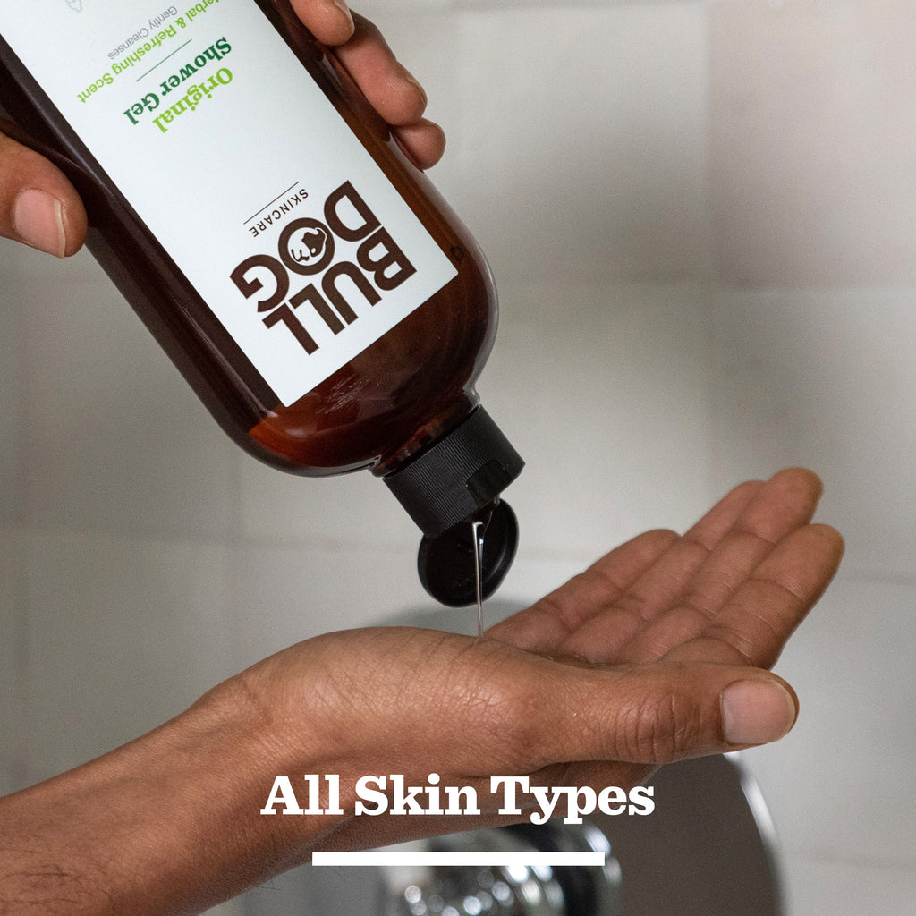 A hand pours Original Body Care Duo shower gel onto the palm, with “All Skin Types” at the bottom—perfect as a gift for men.