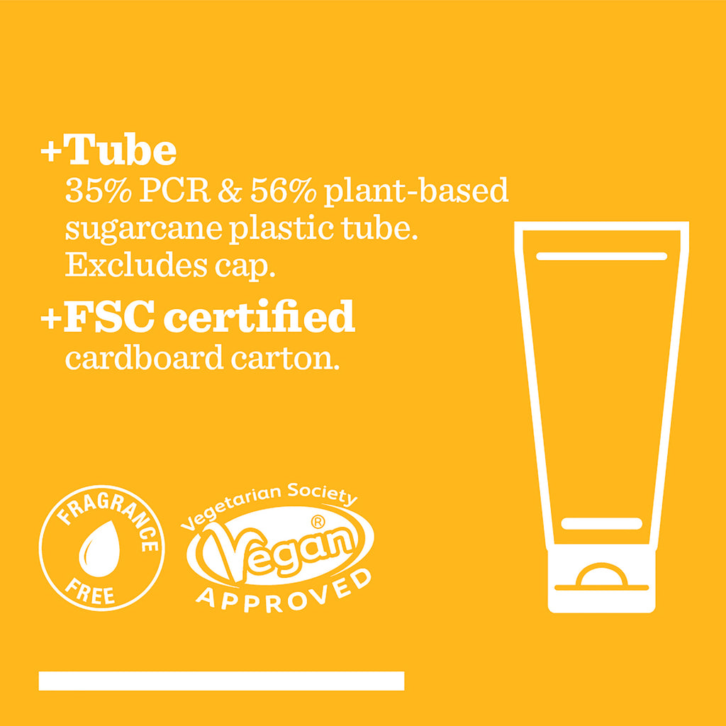 Yellow graphic with a white outline of a tube. Text: Anytime Daily Moisturiser SPF 30—35% PCR & 56% sugarcane plastic (tube only), FSC certified carton. Vitamin C, vegan, fragrance-free, FSC certified logos shown.