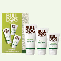 The Original Skincare Trio includes Face Wash, Shave Gel, and Moisturiser with aloe vera, all neatly arranged next to their green and white gift box—perfect Bulldog gifts for skincare lovers.