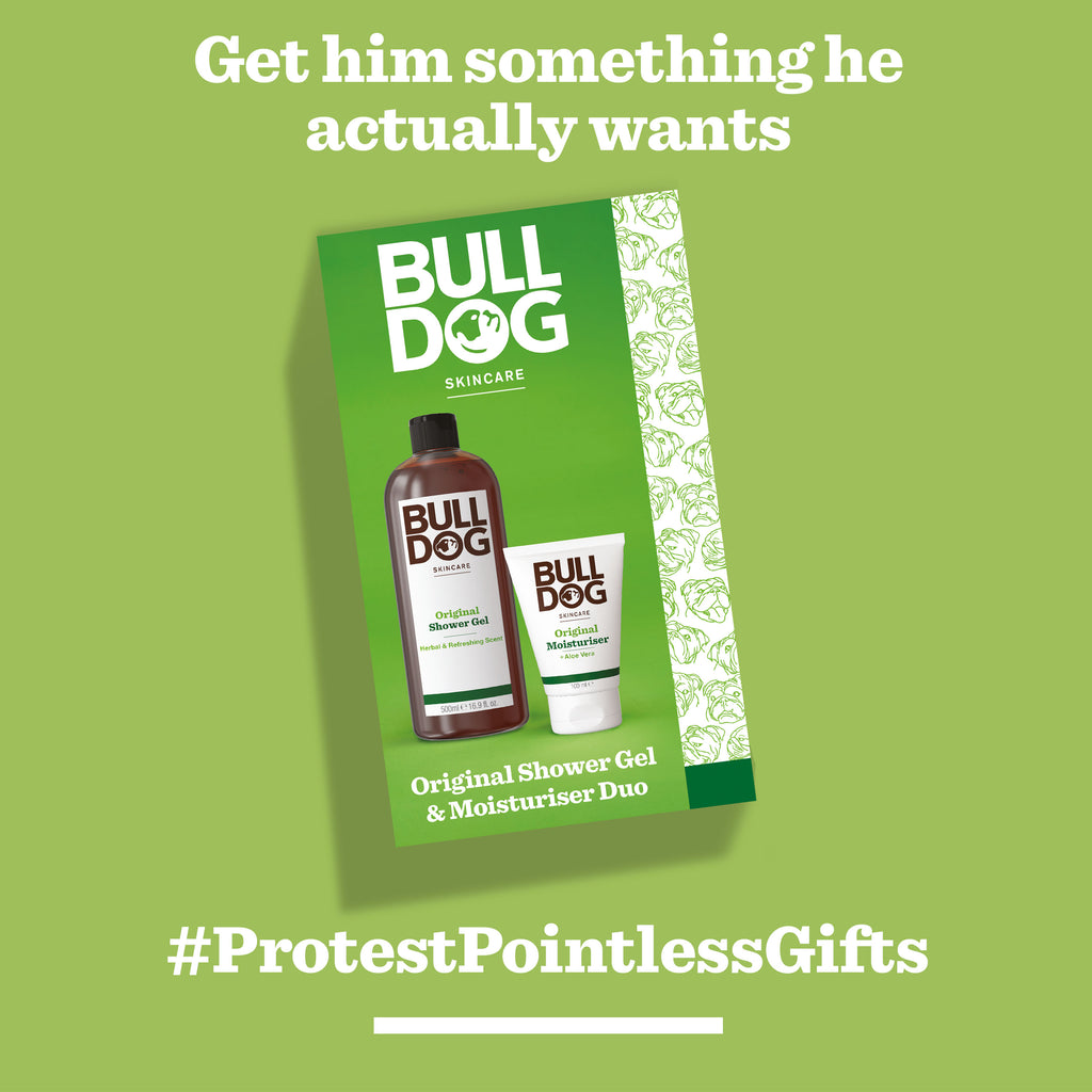 Moisturiser & Shower Gel Duo gift set on a green background. Caption: Get him something he actually wants and #ProtestPointlessGifts. The perfect gift for men who appreciate quality skincare.