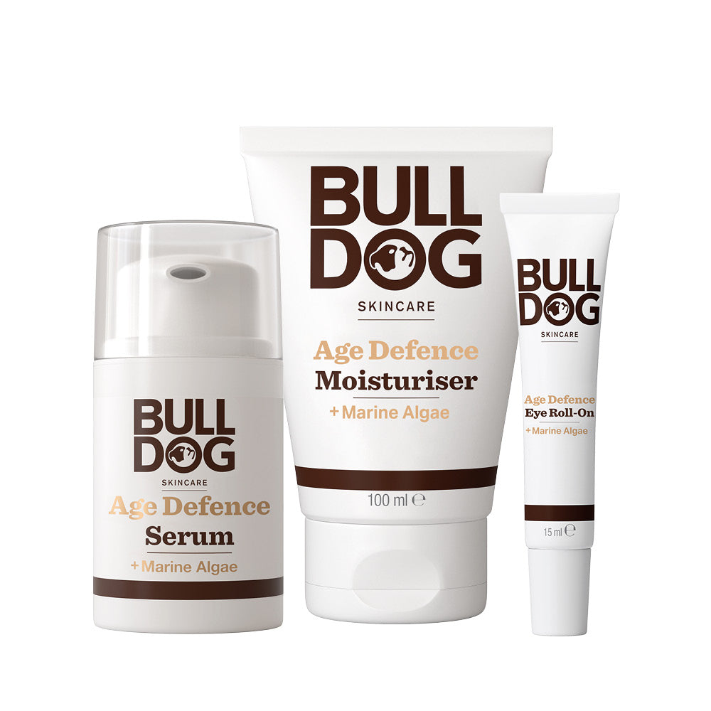 The Age Defence Skincare Routine Bundle features a potent antioxidant complex with Marine Algae. Displayed on a clean white background, its the perfect addition to your daily skincare regimen.