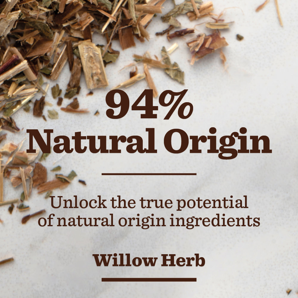 A blend of dried willow herb is spread on a light surface. Large text reads: 94% Natural Origin. Smaller text: Reveal the true power of natural ingredients with Sensitive Face Wash for sensitive skin, featuring willow herb.