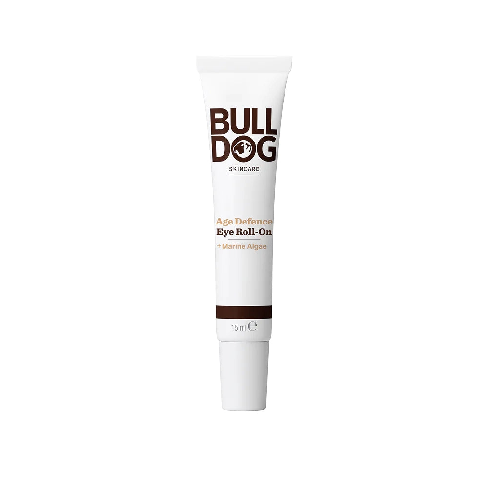 The Age Defence Eye Roll-On, a 15ml tube from Bulldog Skincare with marine algae, stands upright against a white background—an essential for mens skincare.