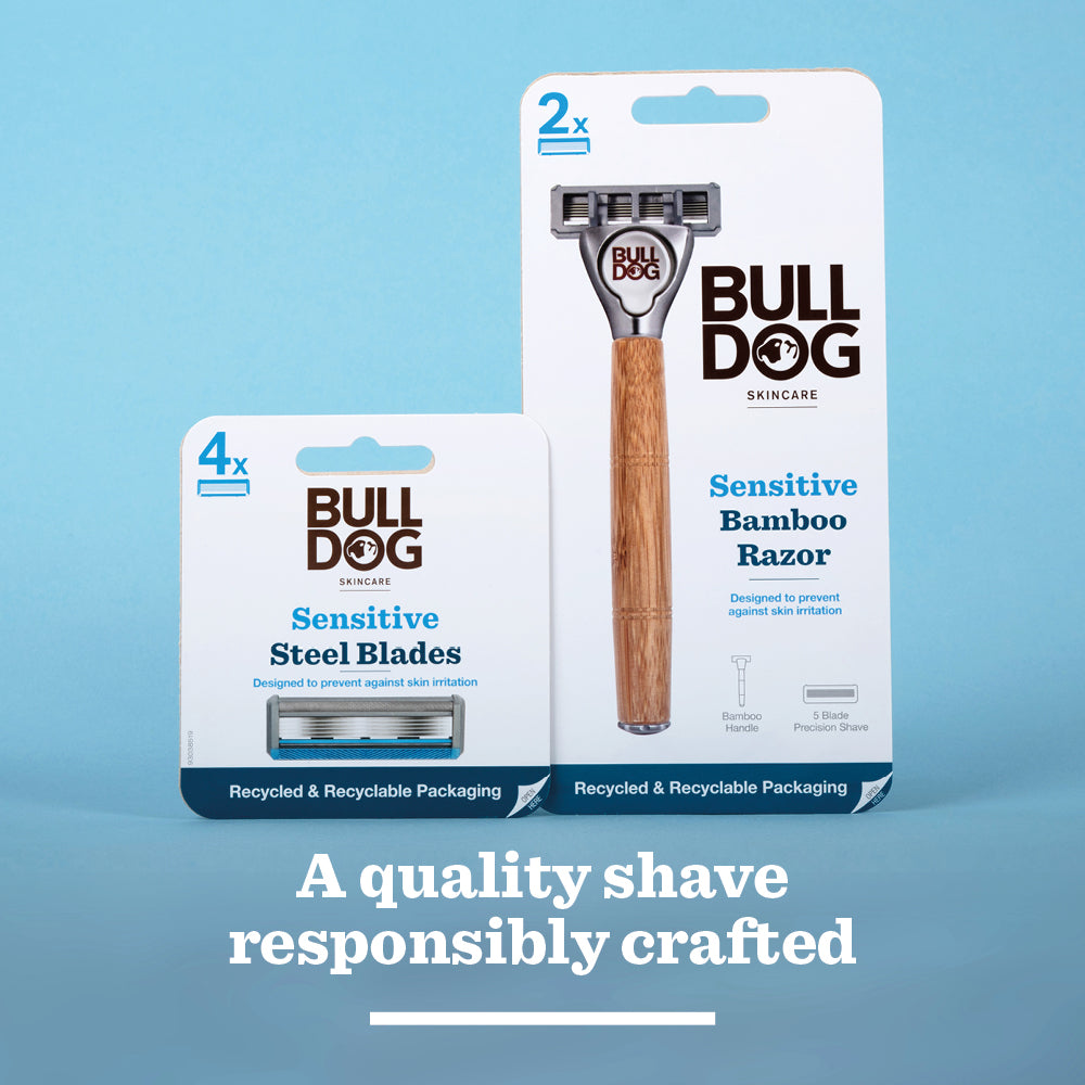 Two Sensitive Steel Blades shaving products on a blue background: a pack of four replacement blades and a sensitive bamboo razor with two refill blades. Text below reads, A quality shave responsibly crafted.