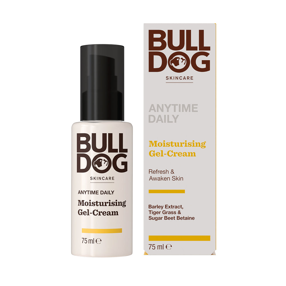 Bulldog Skincare Anytime Daily Moisturising Gel Cream (75 ml) features natural origin ingredients, including barley extract, tiger grass, and sugar beet betaine, for effective skin hydration. Comes in a bottle and box with brown and yellow text.