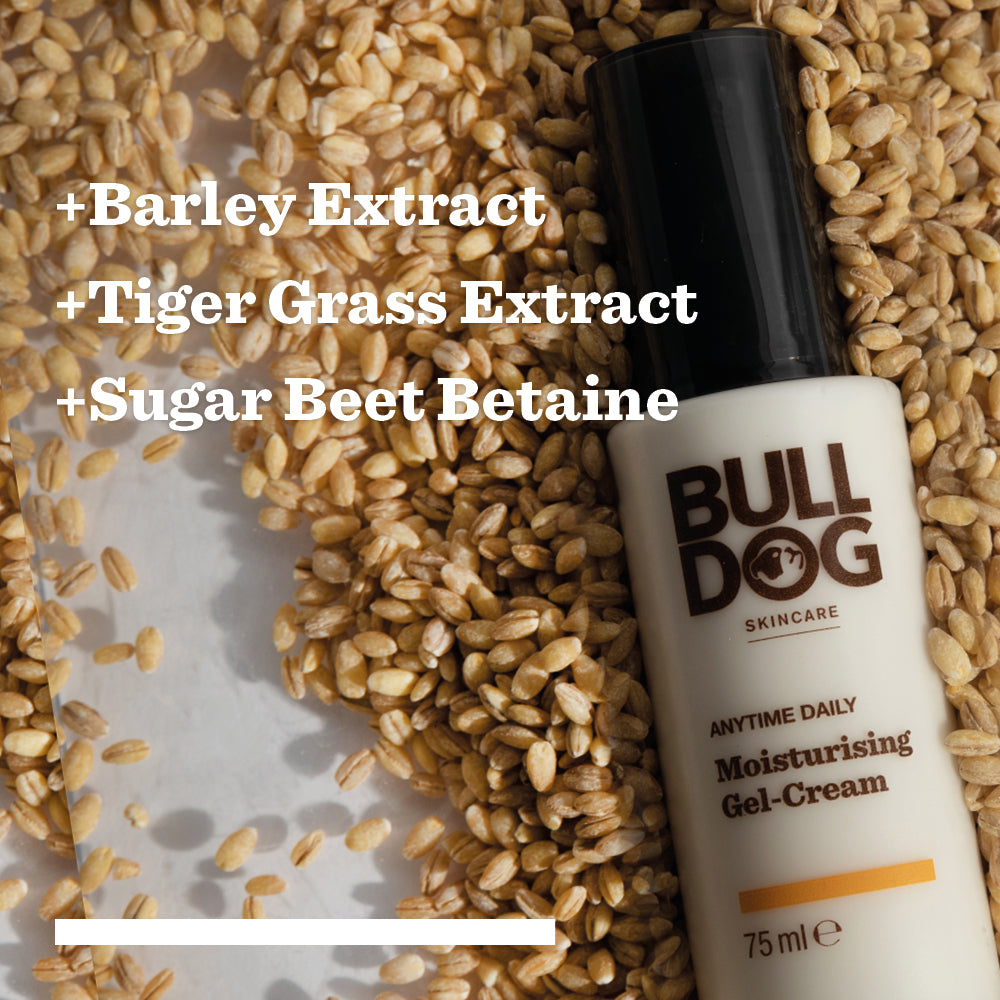 A bottle of Anytime Daily Moisturising Gel Cream, made with natural origin ingredients, rests on barley grains. Text beside it reads: +Barley Extract +Tiger Grass Extract +Sugar Beet Betaine for skin hydration.