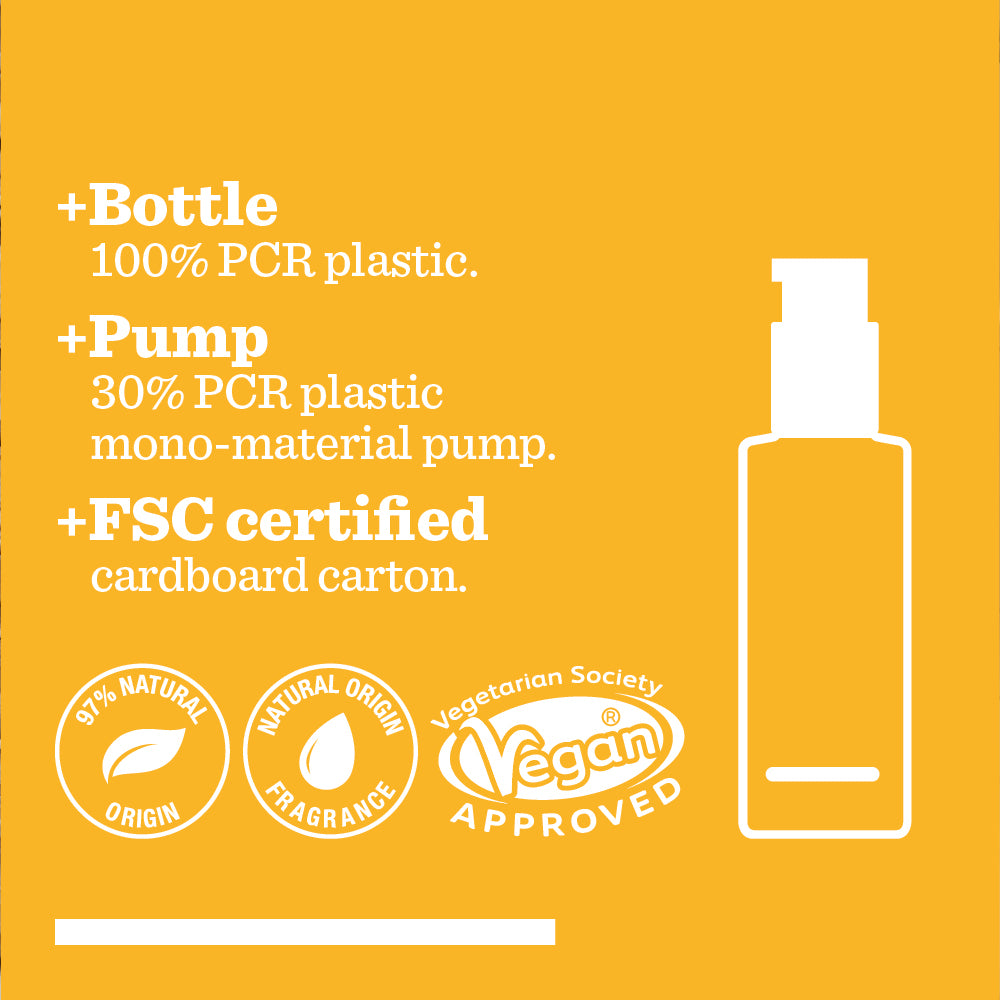Yellow graphic features Anytime Daily Moisturising Gel Cream: Bottle is 100% PCR plastic, pump is 30% PCR mono-material, carton is FSC certified. Icons highlight 97% natural origin ingredients, natural fragrance, skin hydration & Vegan approval.