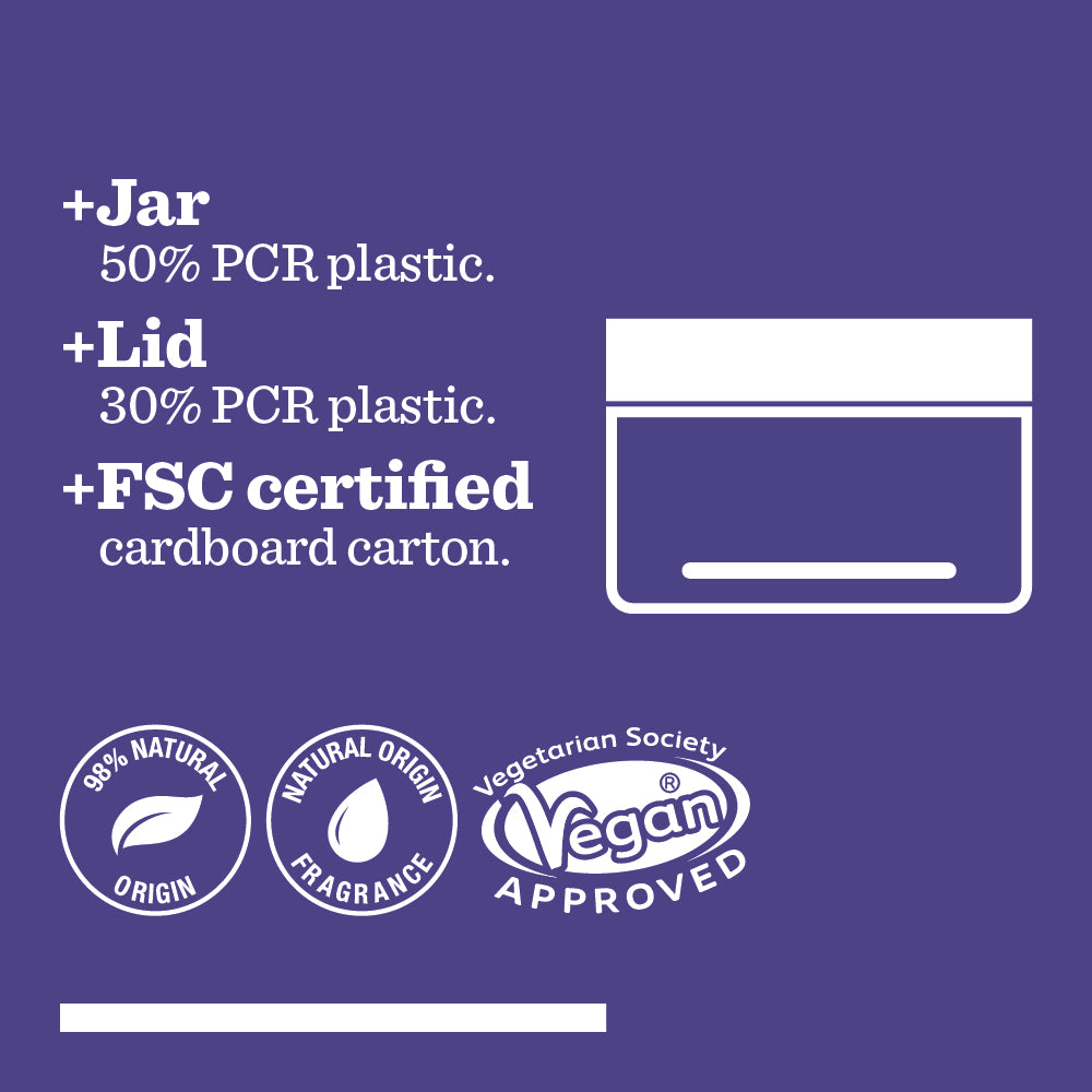 Purple background with white text/icons: End of Day Recovery Cream jar (50% PCR), lid (30% PCR), FSC certified carton. Icons: Melatonin, 98% natural origin, natural origin fragrance, Vegan Approved.
