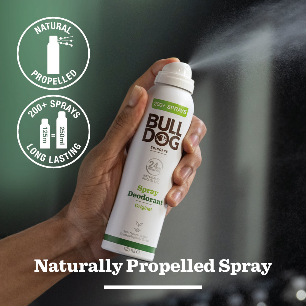 A hand sprays the Original Mega Bundle, a natural deodorant. Text highlights: Naturally Propelled, 200+ sprays, Long Lasting, and Naturally Propelled Spray.