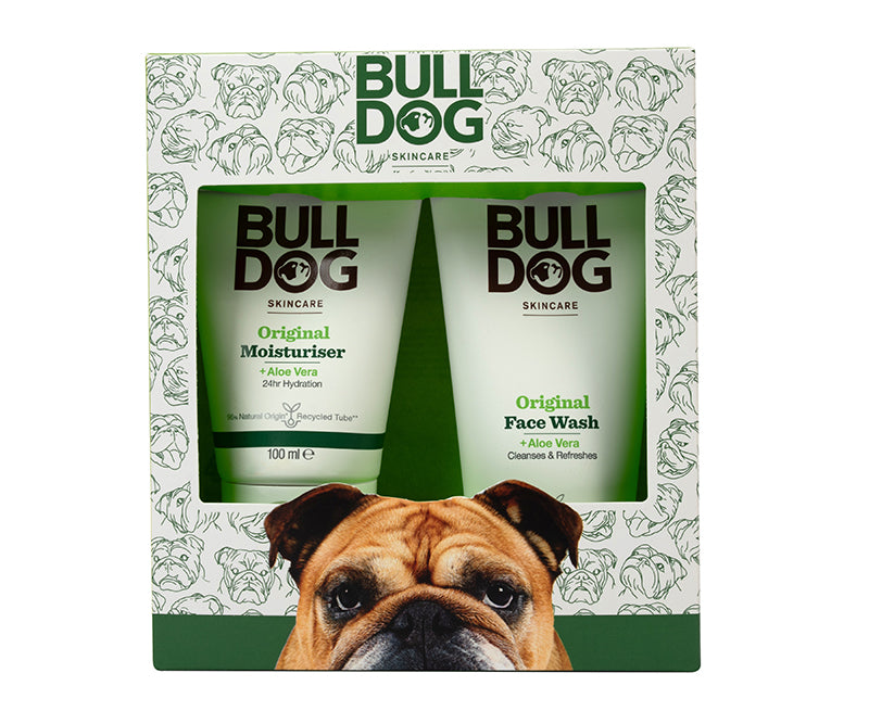 The Original Skincare Duo gift set includes tubes of Original Moisturiser and Face Wash with aloe vera, in green and white packaging featuring bulldog illustrations and a bulldog photo at the bottom.