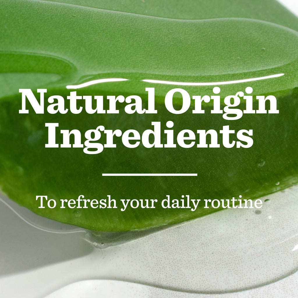 A close-up of a green aloe vera leaf with clear gel, overlaid with “Natural Origin Ingredients.” Ideal for refreshing your daily routine or gifting as part of the Bulldog Original Mini Skincare Trio for men.