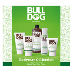 The Premium Body Care Collection for men includes a face wash, scrub, shower gel, deodorant, and moisturizer made with natural ingredients, displayed on a green and white background with bulldog illustrations.