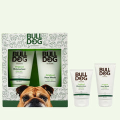 The Original Skincare Duo gift set includes two tubes—Original Moisturiser and Original Face Wash. The box features a bulldog illustration with the brand name in green, and both tubes are pictured outside the packaging.