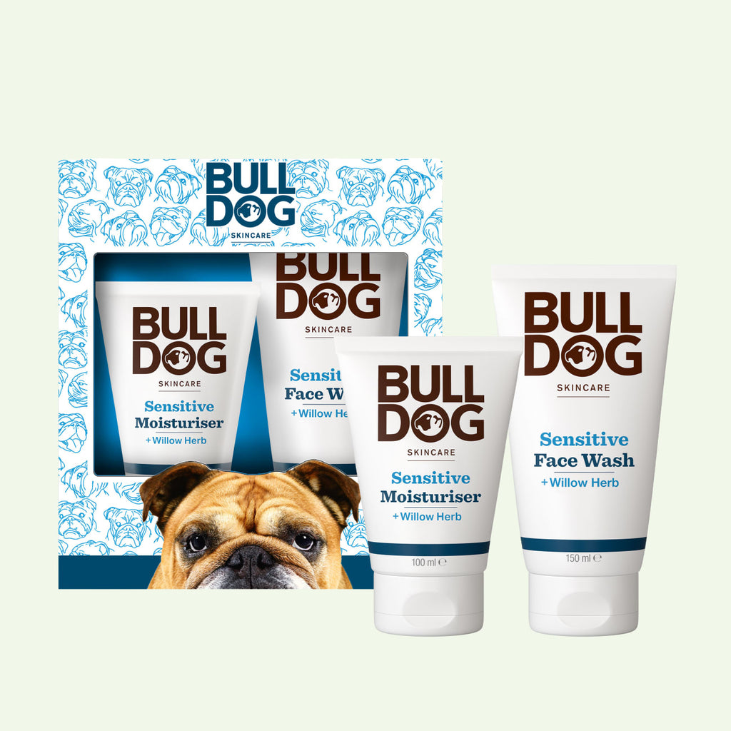 The Sensitive Duo Set features Bulldog Skincare’s Moisturiser and Face Wash for sensitive skin, packaged in signature tubes with a bulldog logo and blue accents—perfect for men seeking gentle, effective skincare.